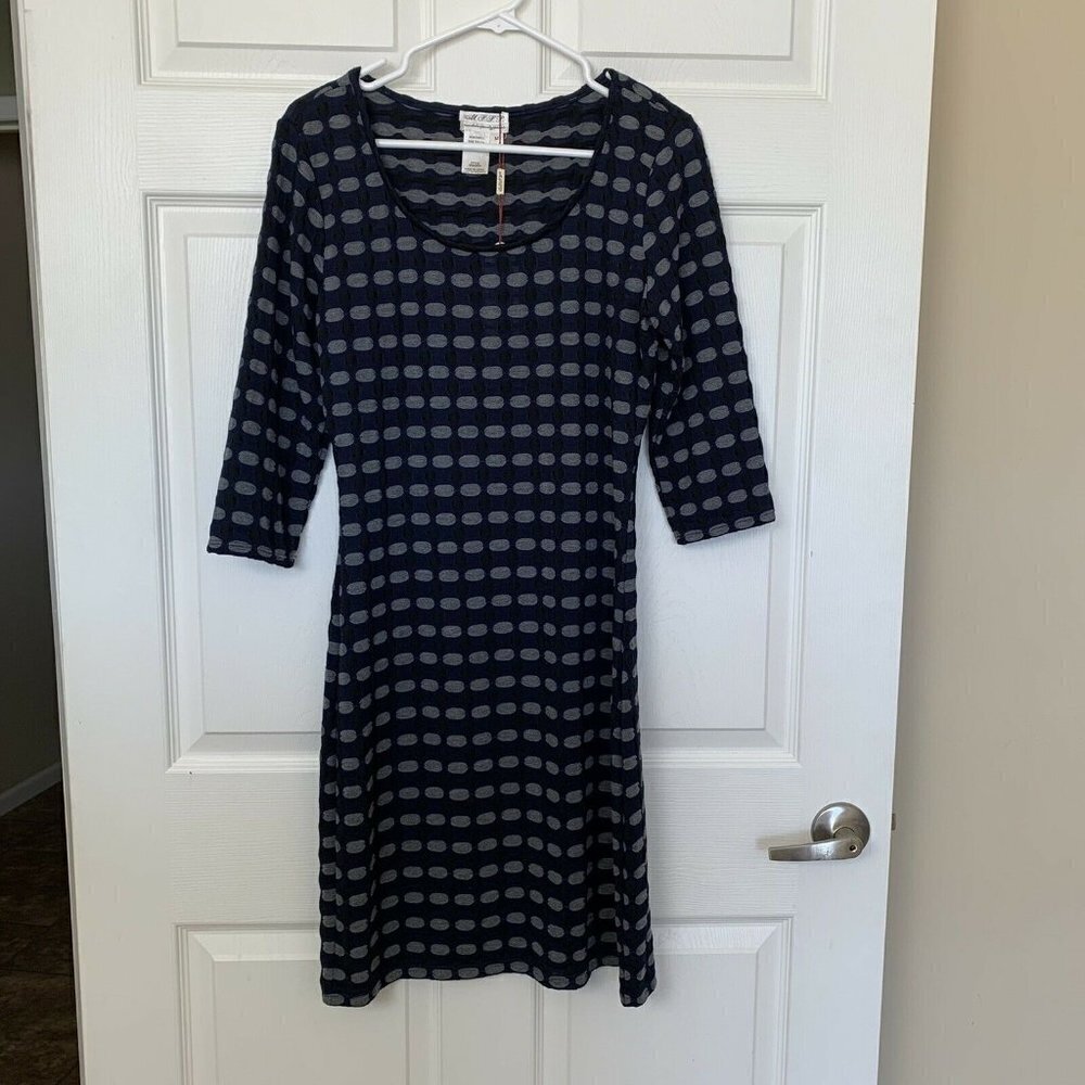 MSSP Max Studio Knit Medium Navy Black Gray Geometric Pattern Dress New